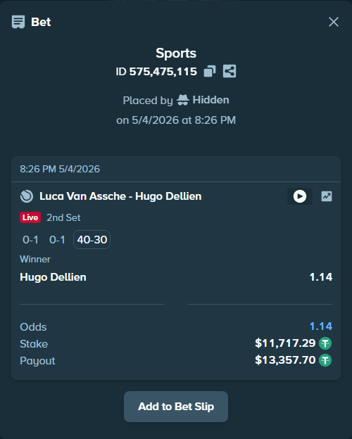 Bet slip: Luca Van Assche - Hugo Dellien, $11,717.29 stake at 1.14 odds, placed by Hidden