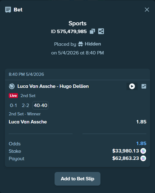 Bet slip: Luca Van Assche - Hugo Dellien, $80,804.74 stake at 1.85 odds, placed by Prettylfacko98