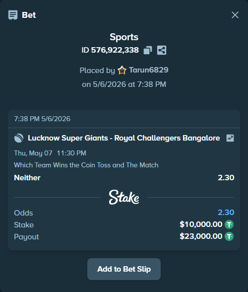 Bet slip: Lucknow Super Giants - Royal Challengers Bengaluru, $10,000.00 stake at 2.30 odds, placed by Tarun6829