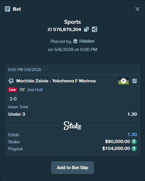 Bet slip: Machida Zelvia - Yokohama F Marinos, $80,000.00 stake at 1.30 odds, placed by Hidden