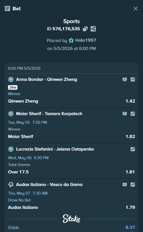 Bet slip: Maiar Sherif - Tamara Korpatsch, $10,000.00 stake at 1.82 odds, placed by Halo1997
