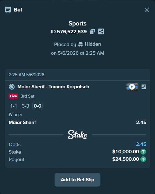 Bet slip: Maiar Sherif - Tamara Korpatsch, $10,000.00 stake at 2.45 odds, placed by Hidden