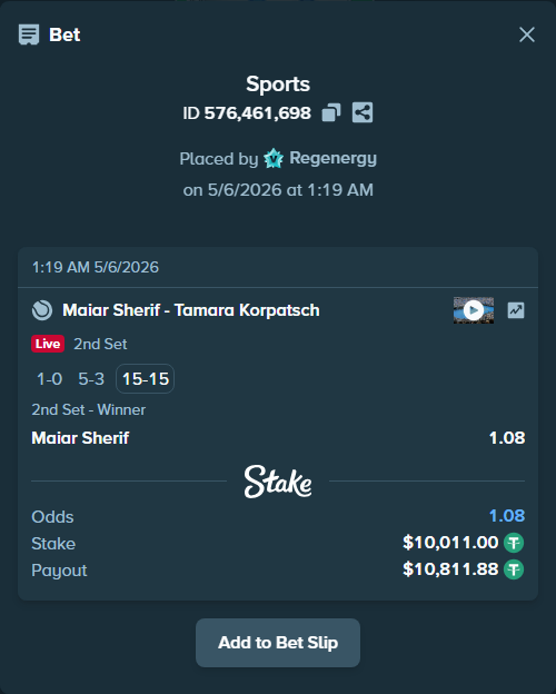 Bet slip: Maiar Sherif - Tamara Korpatsch, $10,011.00 stake at 1.08 odds, placed by Regenergy