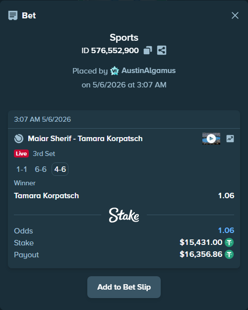Bet slip: Maiar Sherif - Tamara Korpatsch, $15,431.00 stake at 1.06 odds, placed by AustinAlgamus
