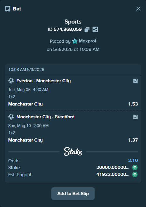 Bet slip: Manchester City - Brentford, $20,000.00 stake at 1.37 odds, placed by Maxprof