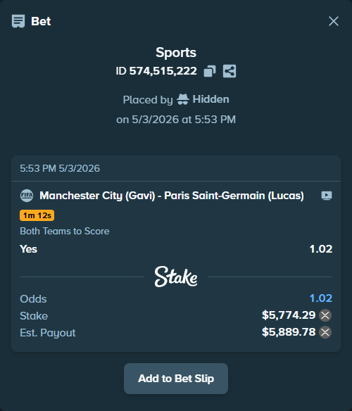 Bet slip: Manchester City (Gavi) - Paris Saint-Germain (Lucas), $10,408.16 stake at 1.02 odds, placed by Hidden