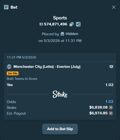 Bet slip: Manchester City (Lotta) - Everton (July), $12,252.14 stake at 1.02 odds, placed by Hidden