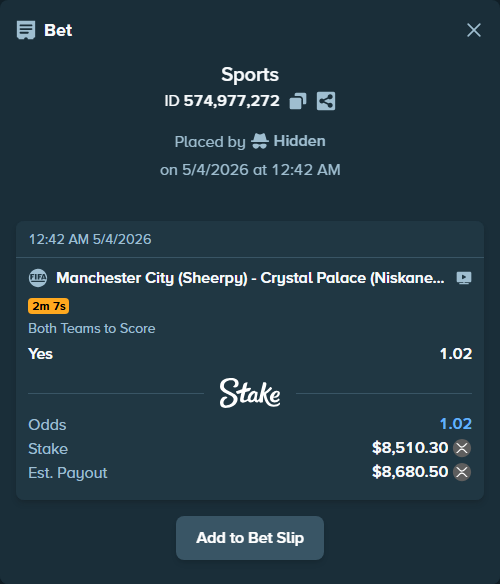 Bet slip: Manchester City (Sheerpy) - Crystal Palace (Niskanen15), $15,214.29 stake at 1.02 odds, placed by Hidden
