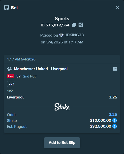 Bet slip: Manchester United - Liverpool, $10,000.00 stake at 3.25 odds, placed by JDKING23