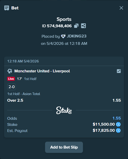 Bet slip: Manchester United - Liverpool, $11,500.00 stake at 1.55 odds, placed by JDKING23