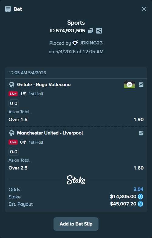 Bet slip: Manchester United - Liverpool, $14,805.00 stake at 1.60 odds, placed by JDKING23