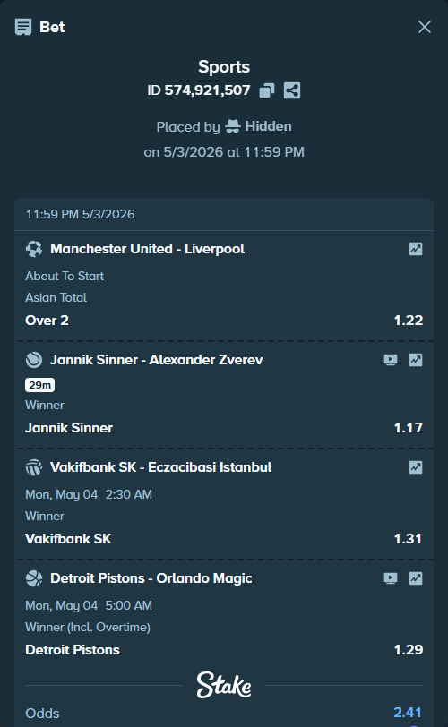 Bet slip: Manchester United - Liverpool, $32,194.75 stake at 1.22 odds, placed by Hidden