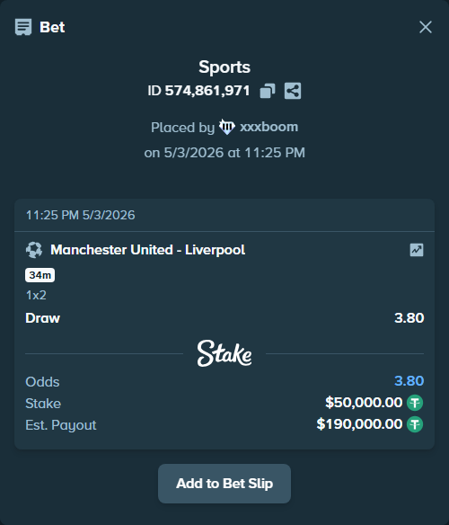Bet slip: Manchester United - Liverpool, $50,000.00 stake at 3.80 odds, placed by xxxboom