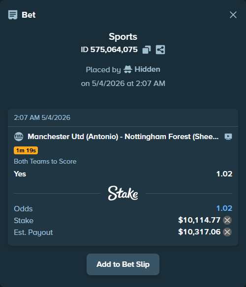 Bet slip: Manchester Utd (Antonio) - Nottingham Forest (Sheerpy), $18,135.78 stake at 1.02 odds, placed by Hidden