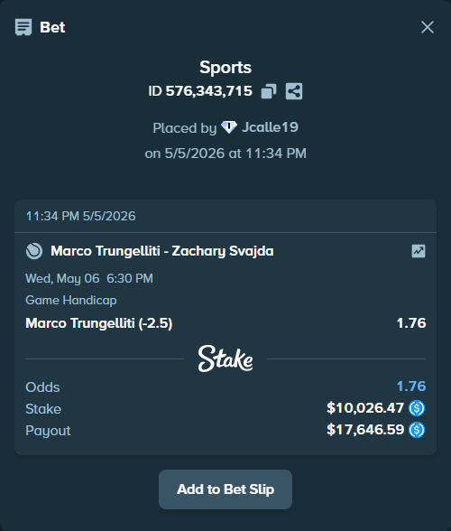 Bet slip: Marco Trungelliti - Zachary Svajda, $10,026.47 stake at 1.76 odds, placed by Jcalle19