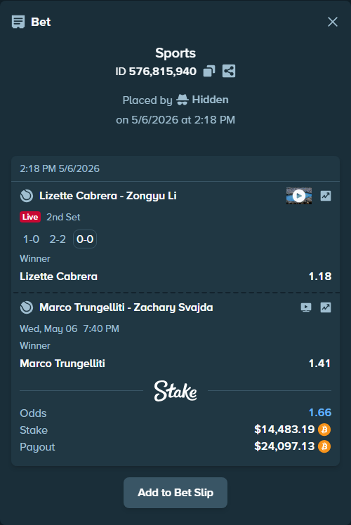 Bet slip: Marco Trungelliti - Zachary Svajda, $12,449.75 stake at 1.41 odds, placed by Hidden