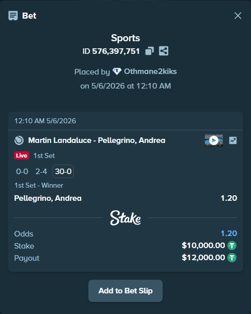 Bet slip: Martin Landaluce - Pellegrino, Andrea, $10,000.00 stake at 1.20 odds, placed by Othmane2kiks