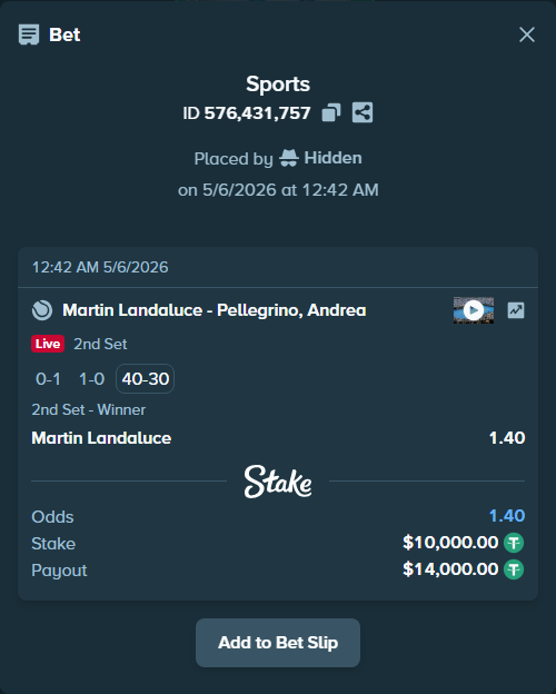 Bet slip: Martin Landaluce - Pellegrino, Andrea, $10,000.00 stake at 1.40 odds, placed by Hidden
