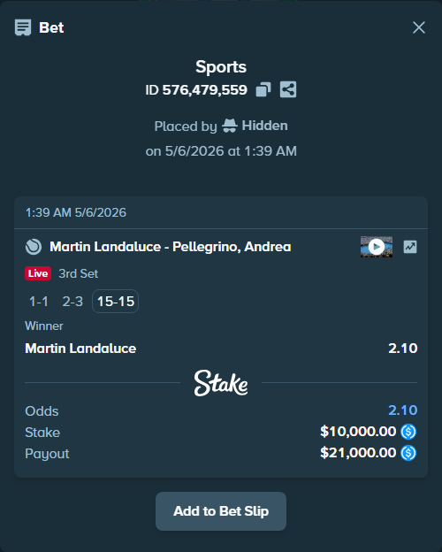 Bet slip: Martin Landaluce - Pellegrino, Andrea, $10,000.00 stake at 2.10 odds, placed by Hidden