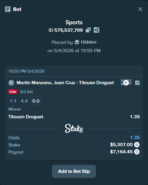 Bet slip: Martin Manzano, Juan Cruz - Titouan Droguet, $12,630.66 stake at 1.35 odds, placed by Hidden