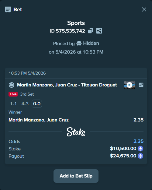 Bet slip: Martin Manzano, Juan Cruz - Titouan Droguet, $15,765.75 stake at 2.35 odds, placed by Hidden