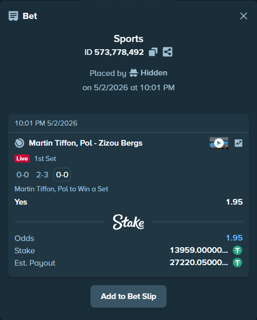 Bet slip: Martin Tiffon, Pol - Zizou Bergs, $13,959.00 stake at 1.95 odds, placed by Hidden