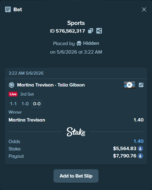 Bet slip: Martina Trevisan - Talia Gibson, $13,000.00 stake at 1.40 odds, placed by Hidden