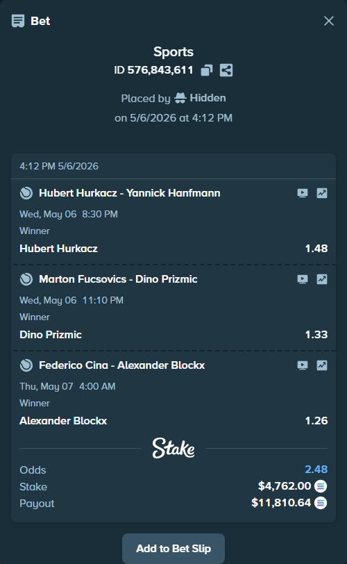 Bet slip: Marton Fucsovics - Dino Prizmic, $10,914.50 stake at 1.33 odds, placed by Hidden