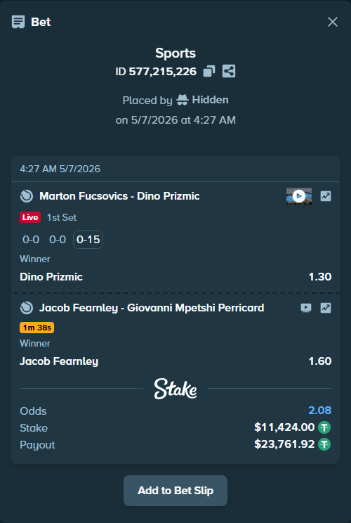 Bet slip: Marton Fucsovics - Dino Prizmic, $11,424.00 stake at 1.30 odds, placed by Hidden