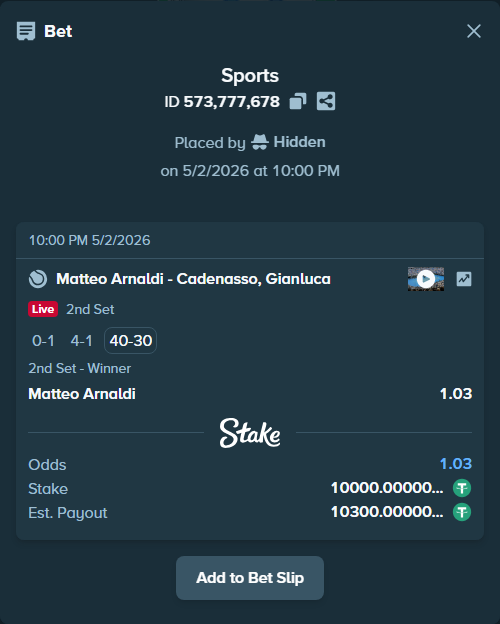 Bet slip: Matteo Arnaldi - Cadenasso, Gianluca, $10,000.00 stake at 1.03 odds, placed by Hidden