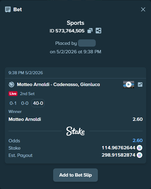 Bet slip: Matteo Arnaldi - Cadenasso, Gianluca, $22,993.53 stake at 2.60 odds, placed by Prettylfacko98