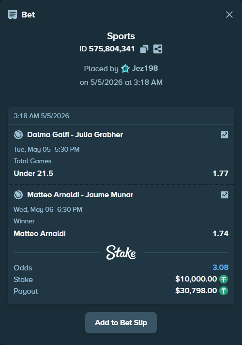 Bet slip: Matteo Arnaldi - Jaume Munar, $10,000.00 stake at 1.74 odds, placed by Jez198