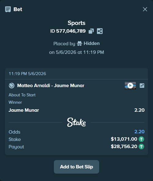 Bet slip: Matteo Arnaldi - Jaume Munar, $13,071.00 stake at 2.20 odds, placed by Hidden
