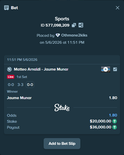 Bet slip: Matteo Arnaldi - Jaume Munar, $20,000.00 stake at 1.80 odds, placed by Othmane2kiks