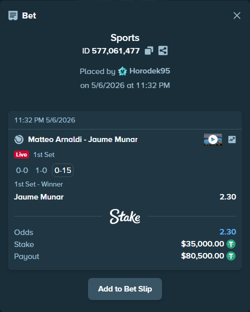 Bet slip: Matteo Arnaldi - Jaume Munar, $35,000.00 stake at 2.30 odds, placed by Horodek95