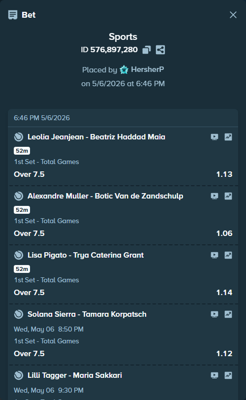 Bet slip: Matteo Arnaldi - Jaume Munar, $75,000.00 stake at 1.08 odds, placed by HersherP