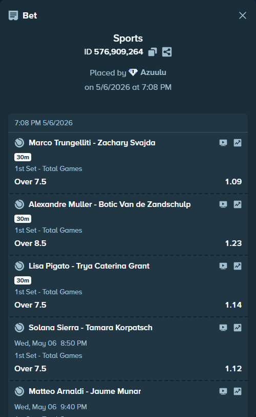 Bet slip: Matteo Arnaldi - Jaume Munar, $75,000.00 stake at 1.08 odds, placed by Azuulu