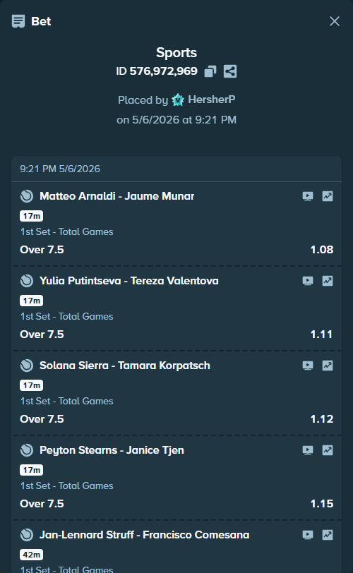 Bet slip: Matteo Arnaldi - Jaume Munar, $77,833.51 stake at 1.08 odds, placed by HersherP