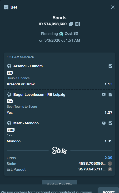 Bet slip: Metz - Monaco, $11,459.26 stake at 1.35 odds, placed by Dash30