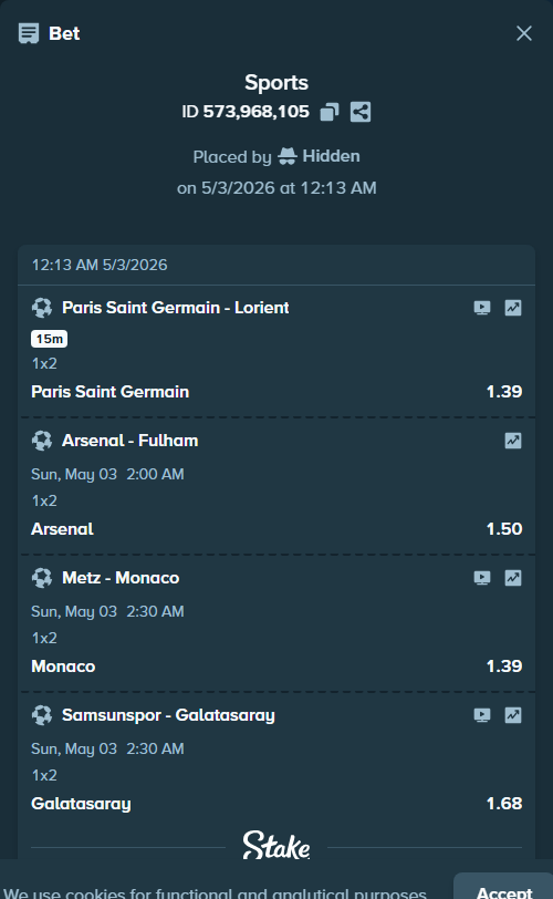 Bet slip: Metz - Monaco, $15,000.00 stake at 1.39 odds, placed by Hidden
