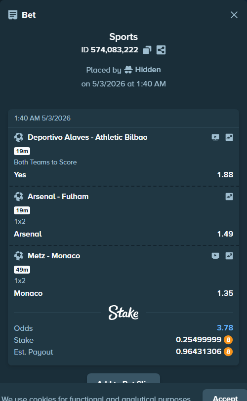 Bet slip: Metz - Monaco, $17,850.00 stake at 1.35 odds, placed by Hidden