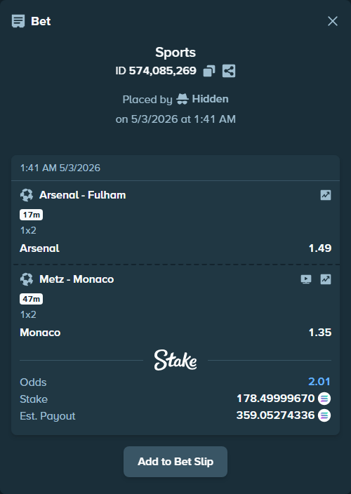 Bet slip: Metz - Monaco, $35,700.00 stake at 1.35 odds, placed by Hidden