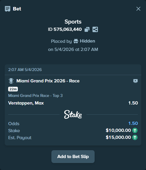 Bet slip: Miami Grand Prix 2026 - Race, $10,000.00 stake at 1.50 odds, placed by Hidden