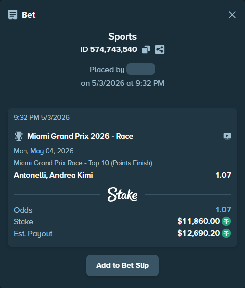 Bet slip: Miami Grand Prix 2026 - Race, $11,860.00 stake at 1.07 odds, placed by Shin8989
