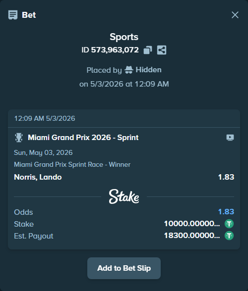 Bet slip: Miami Grand Prix 2026 - Sprint, $10,000.00 stake at 1.83 odds, placed by Hidden