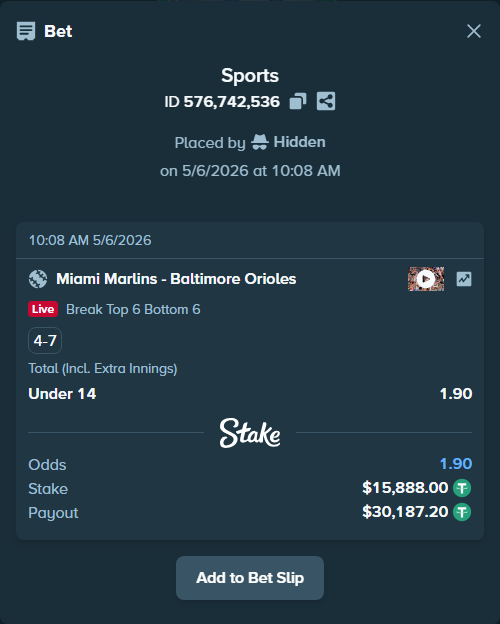Bet slip: Miami Marlins - Baltimore Orioles, $15,888.00 stake at 1.90 odds, placed by Hidden