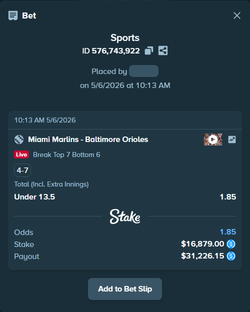 Bet slip: Miami Marlins - Baltimore Orioles, $16,879.00 stake at 1.85 odds, placed by ckranz