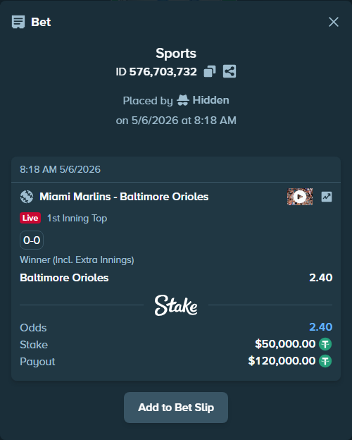Bet slip: Miami Marlins - Baltimore Orioles, $50,000.00 stake at 2.40 odds, placed by Hidden