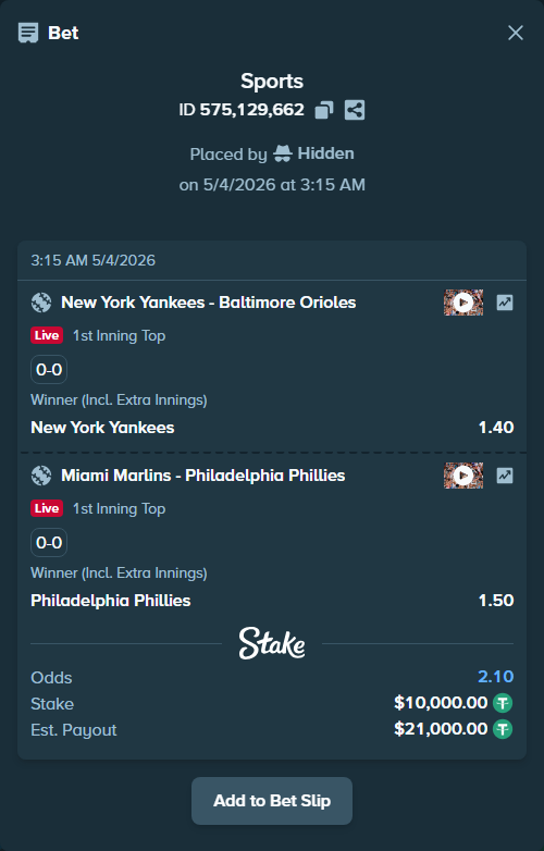 Bet slip: Miami Marlins - Philadelphia Phillies, $10,000.00 stake at 1.50 odds, placed by Hidden