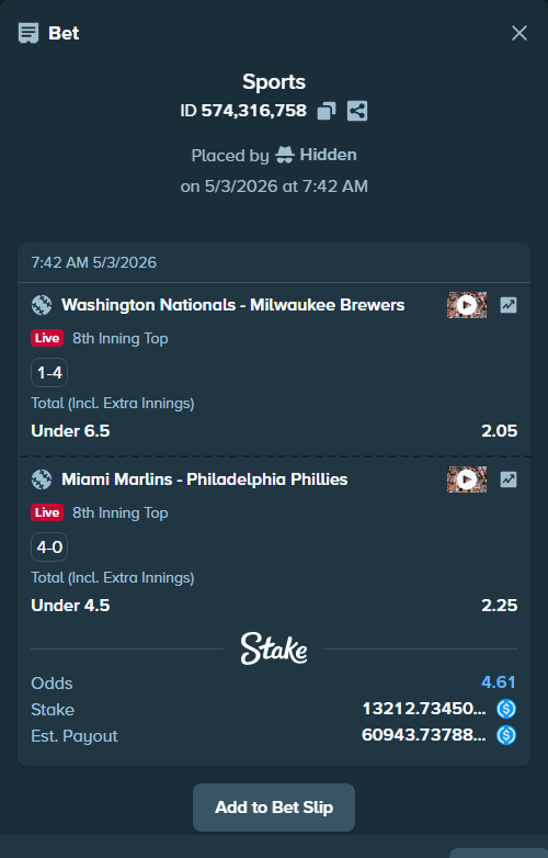Bet slip: Miami Marlins - Philadelphia Phillies, $13,212.73 stake at 2.25 odds, placed by Hidden
